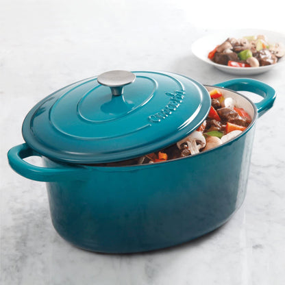 Crock-Pot 7 Quart Oval Enamel Cast Iron Covered Dutch Oven Slow Cooker, Teal