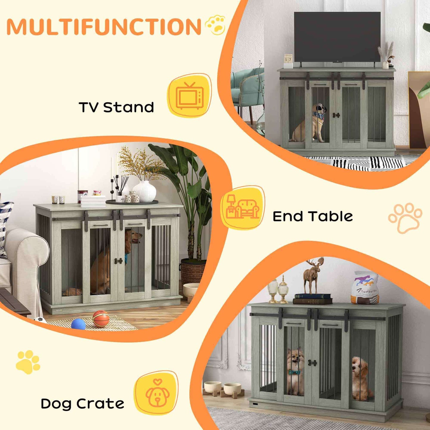 Dog Crate Furniture with Divider, Dog Crate End Table for Small to Large Dogs, Large Indoor Dog Kennel with Double Doors, 47"W x 23.5"D x 35"H, Gray