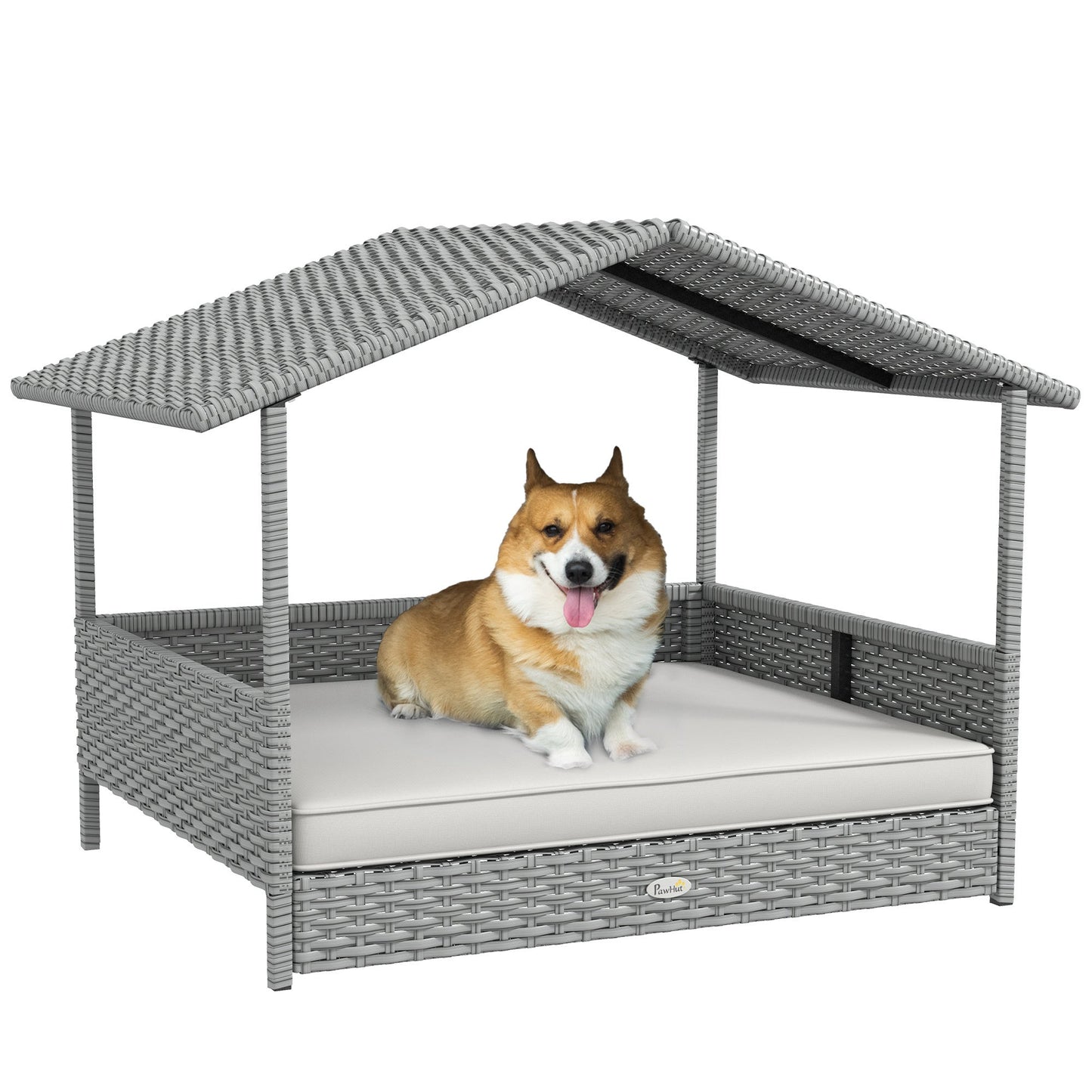 Wicker Dog House Outdoor with Canopy, Rattan Dog Bed with Water-resistant Cushion, for Small and Medium Dogs, Cream White