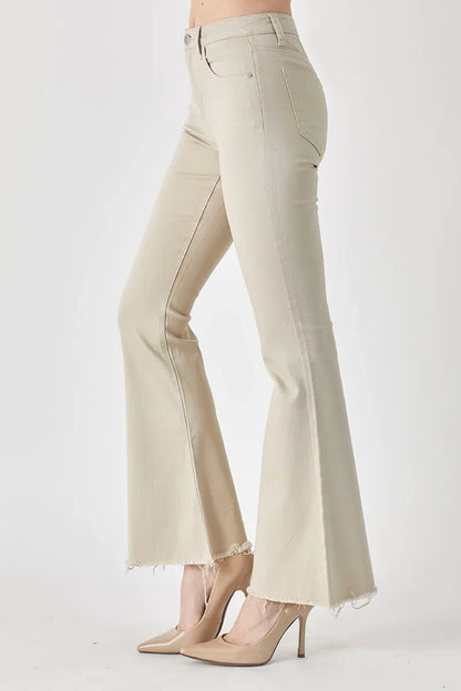 RISEN Mid-Rise Raw Hem Flare Jeans in Khaki (sz 9)