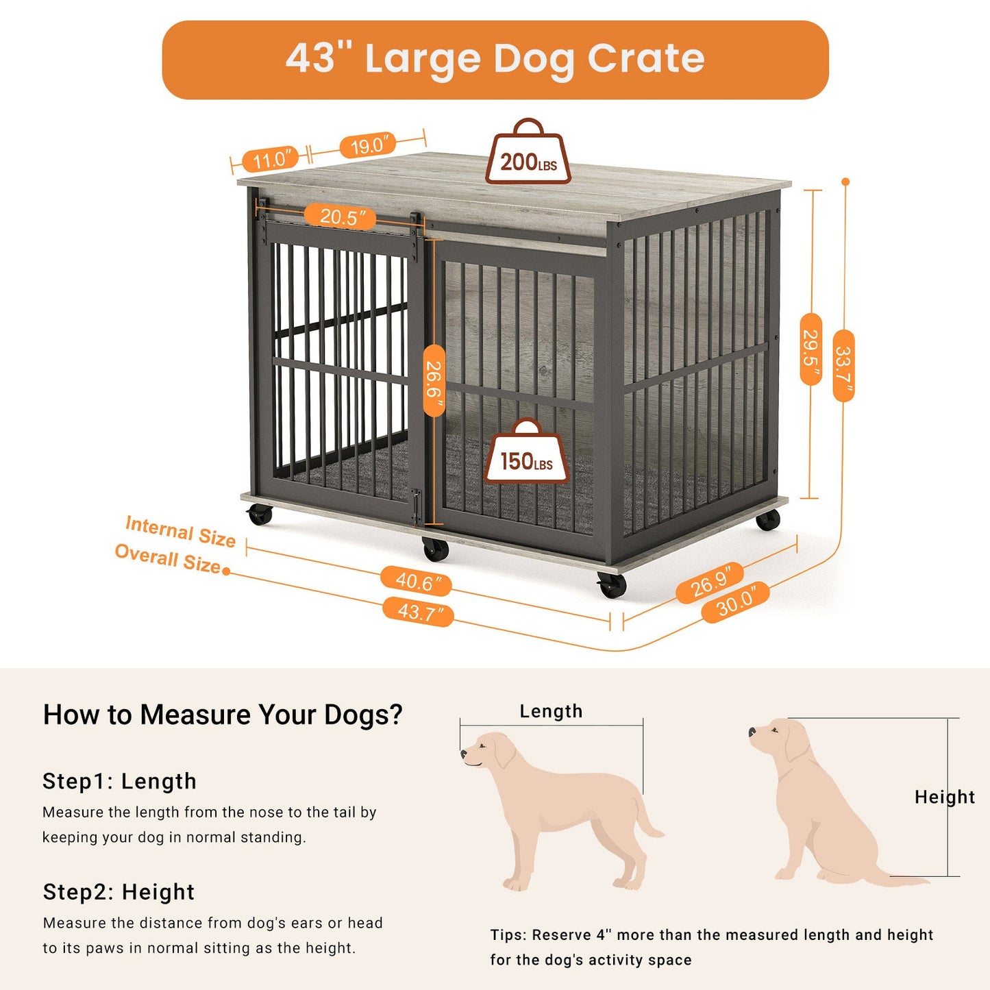 Furniture dog crate sliding iron door dog crate with mat. (Grey,43.7"W x 30"D x 33.7"H)