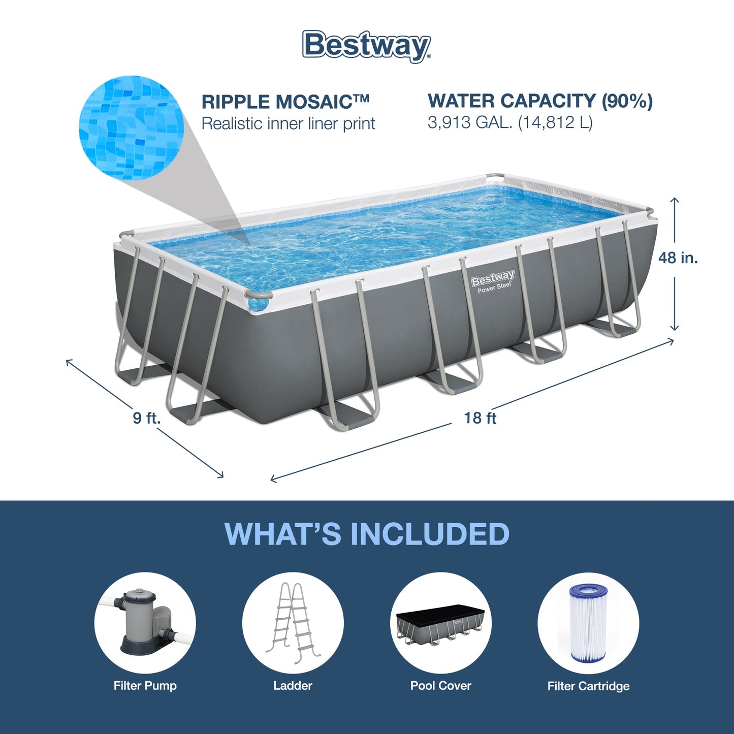 Bestway Power Steel 18' x 9' x 48" Rectangular Above Ground Swimming Pool Set