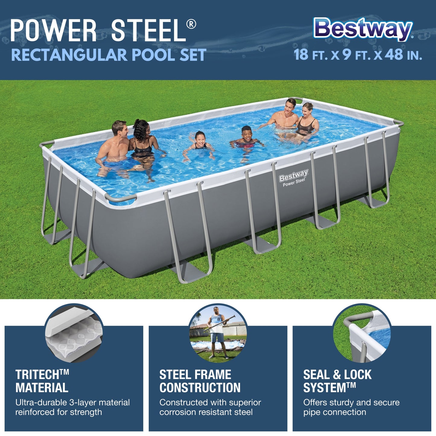 Bestway 18ft x 9ft x 4ft Rectangular Above Ground Swimming Pool w/ Accessories
