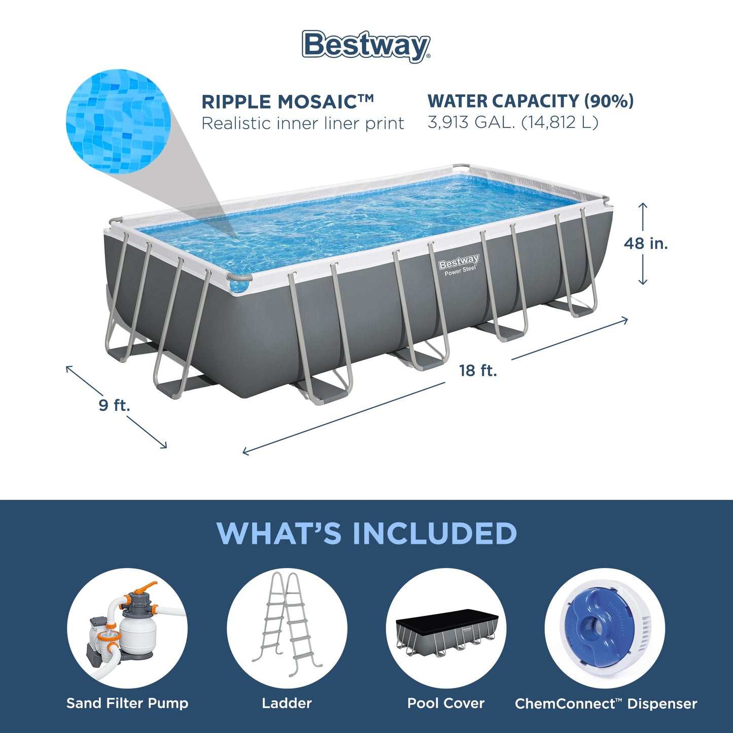 Bestway 18ft x 9ft x 4ft Rectangular Above Ground Swimming Pool w/ Accessories