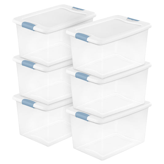 Sterilite 64 Qt Clear Plastic Stackable Storage Bin w/ White Latch Lid, (6 Pack)