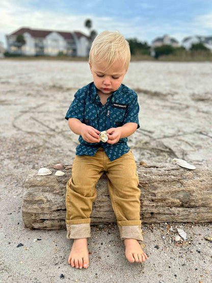 Fishing shirt button up- blue fish