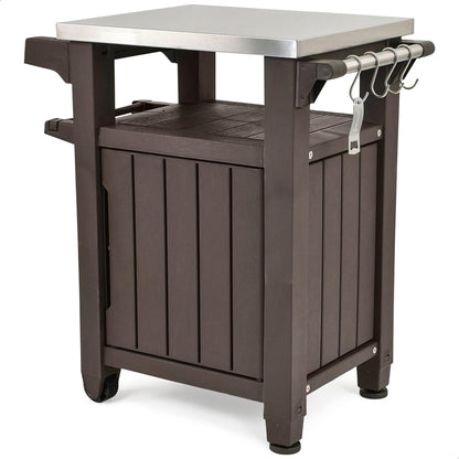 Keter Unity 40 Gal Patio Storage Grilling Bar Cart w/ Stainless Steel Top, Brown