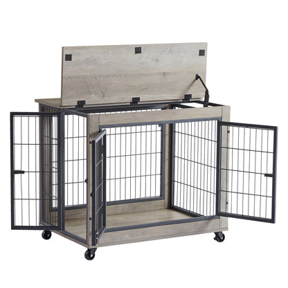 Furniture Dog Cage Crate with Double Doors on Casters. Grey, 31.50" W x 22.05" D x 24.8" H.