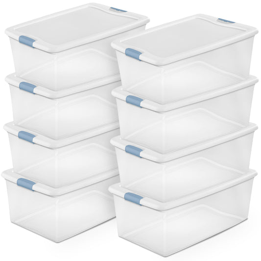 Sterilite 106 Qt Clear Plastic Stackable Storage Bin w/ White Latch Lid, 8 Pack