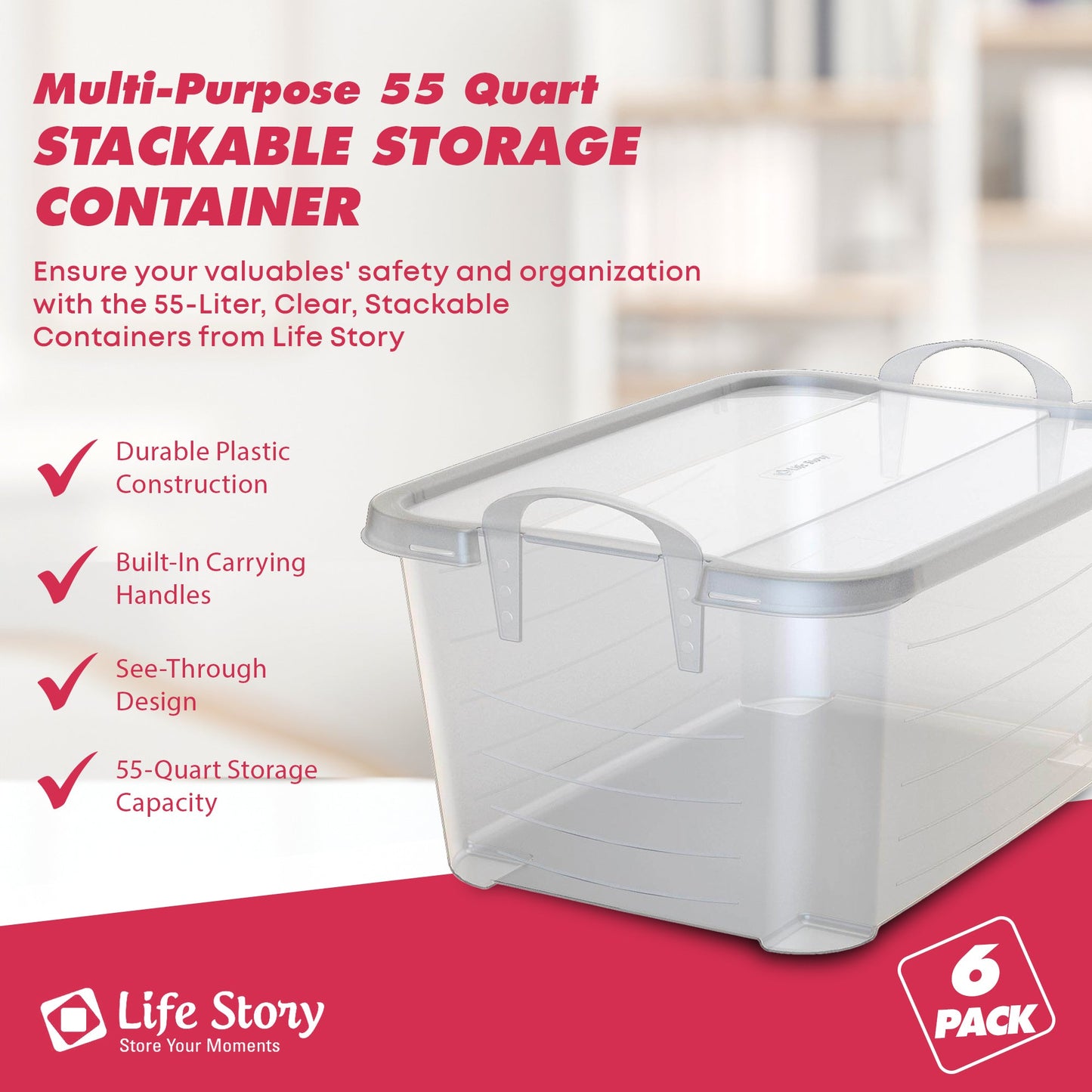 Life Story 55 Quart Stackable Storage Bin, Light Duty Container, Clear, 6 Pack