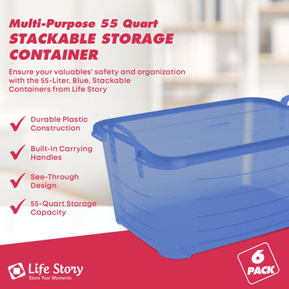 Life Story 55 Quart Stackable Storage Bin, Light Duty Container, Blue, 6 Pack