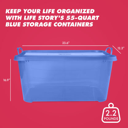 Life Story 55 Quart Stackable Storage Bin, Light Duty Container, Blue, 6 Pack