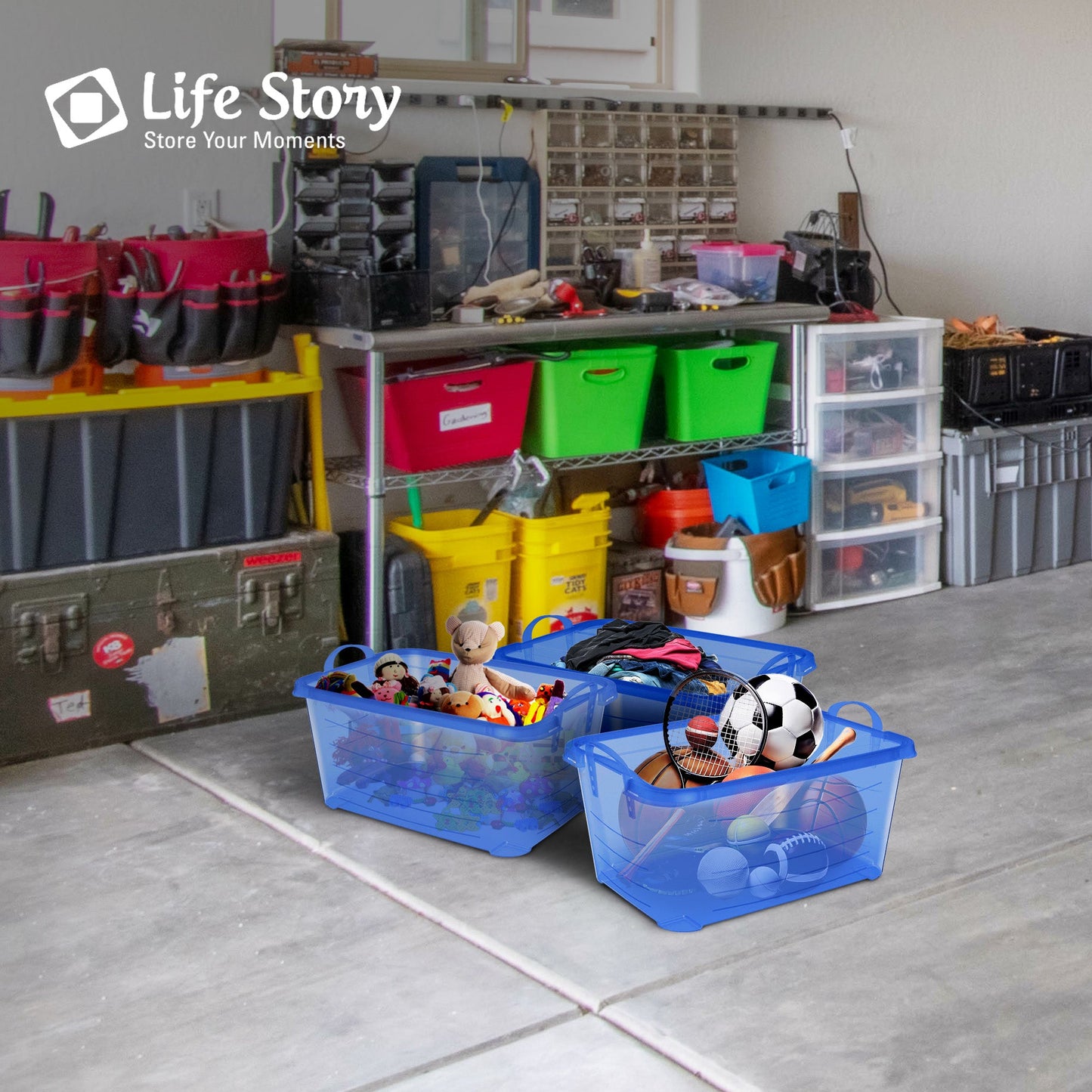 Life Story 55 Quart Stackable Storage Bin, Light Duty Container, Blue, 12 Pack