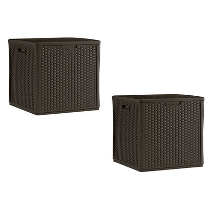 Suncast 60 Gallon Resin Wicker Design Cube Shape Storage Deck Box, Java (2 Pack)