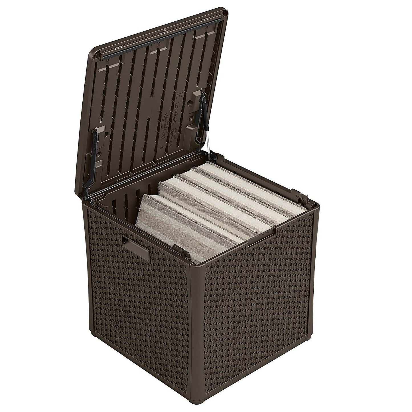 Suncast 60 Gallon Resin Wicker Design Cube Shape Storage Deck Box, Java (2 Pack)