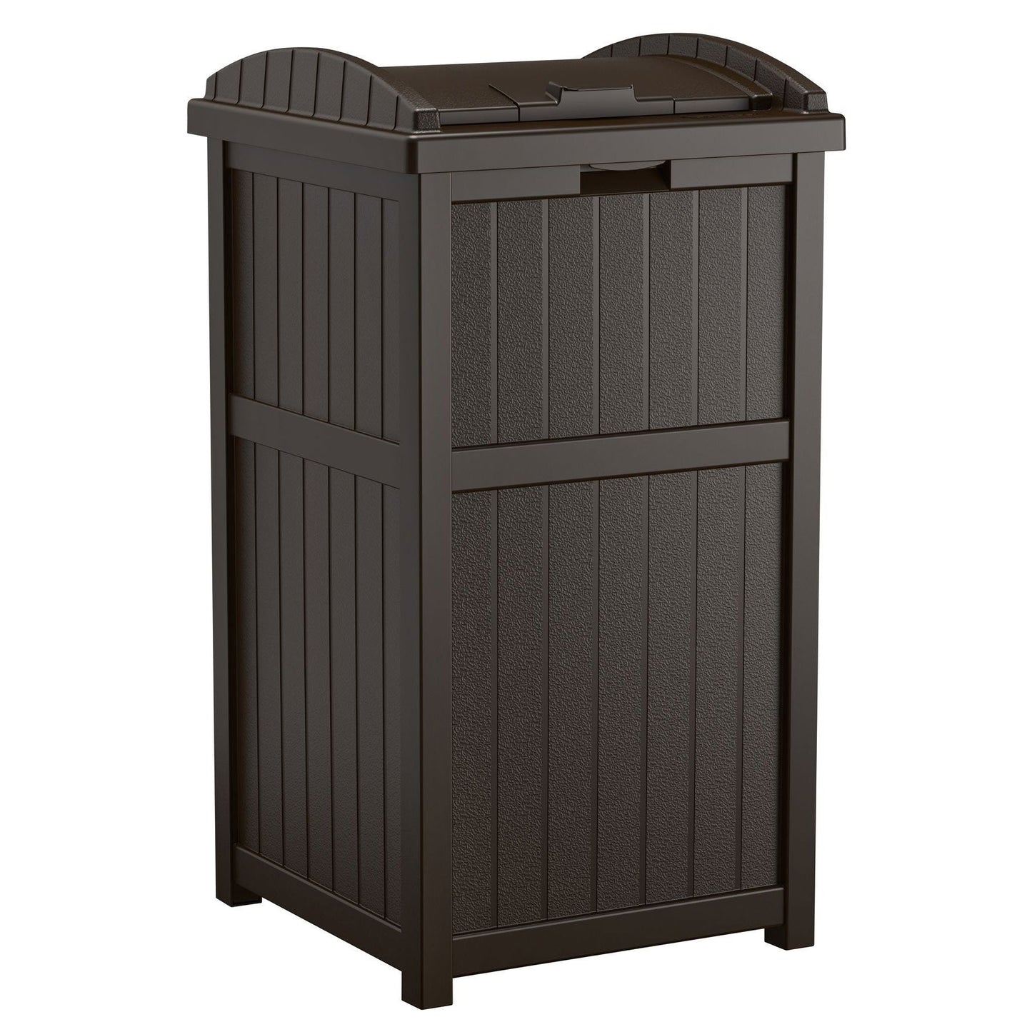 Suncast 73 Gallon Deck Box w/ Seat & Trash Hideaway Outdoor Garbage Bin, Java