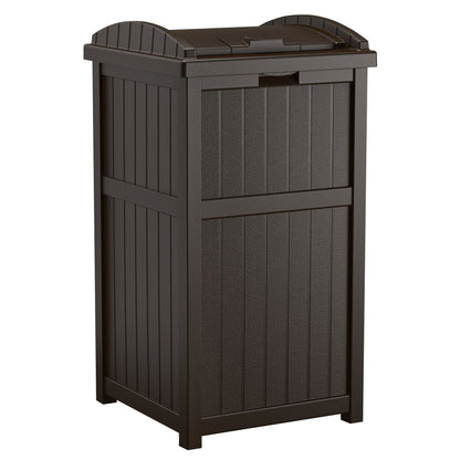 Suncast Trash Hideaway Outdoor Garbage Bin & 99 Gallon Deck Box w/ Seat, Java