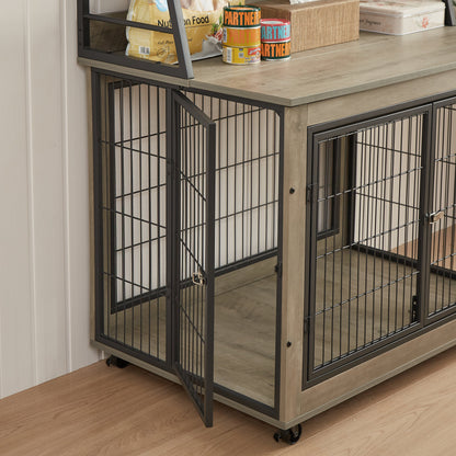 Furniture style dog crate side table with shelves, equipped with double doors and a raised roof. Grey, 38.58 "w x 25.5 "d x 57 "h