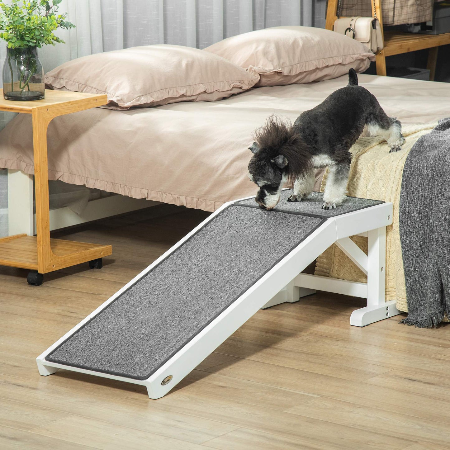 Dog Ramp for Bed, Pet Ramp for Dogs with Non-Slip Carpet and Top Platform, 49" x 16" x 14", White