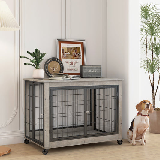 Furniture Style Dog Crate Side Table on Wheels with Double Doors and Lift Top.Grey,38.58"w x 25.5"d x 27.36"h.