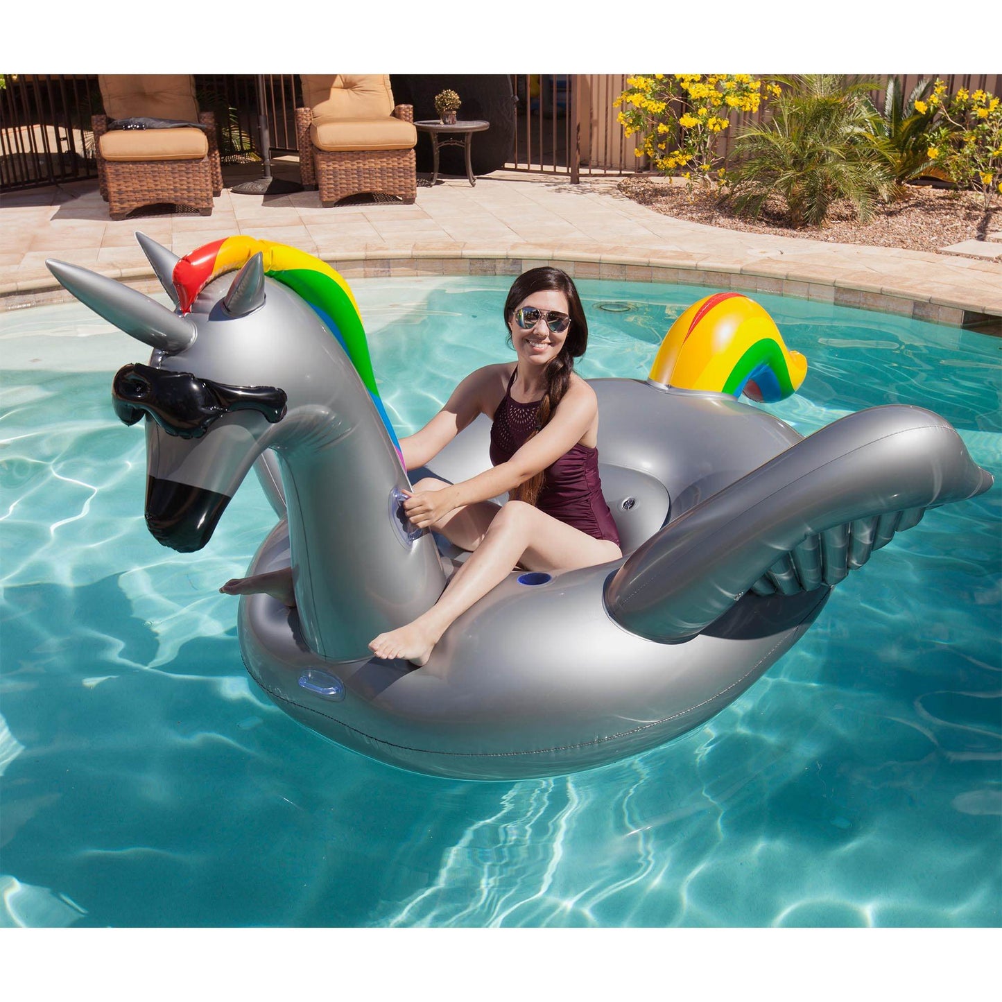 Two GAME Giant Inflatable Ride-On Alicorn Unicorn Pool Floats w/ Cup Holders