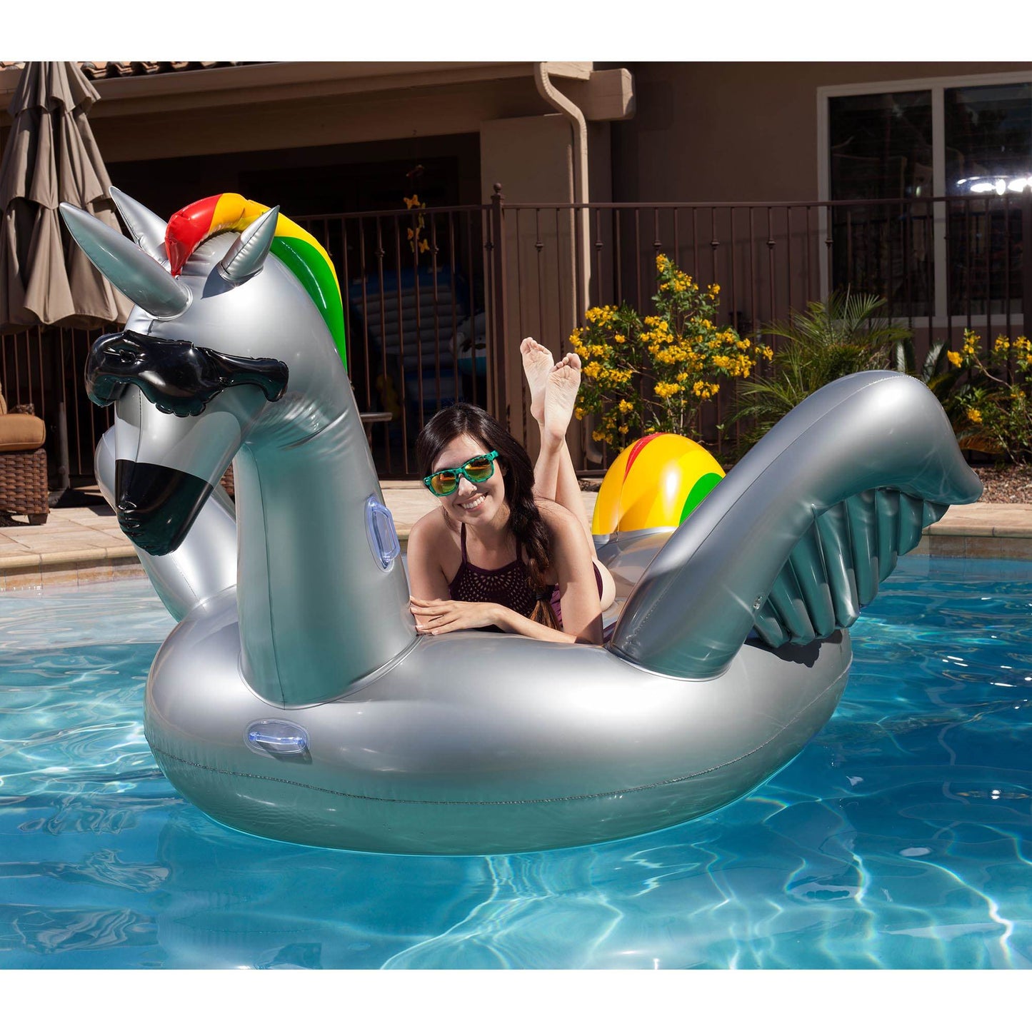 Two GAME Giant Inflatable Ride-On Alicorn Unicorn Pool Floats w/ Cup Holders