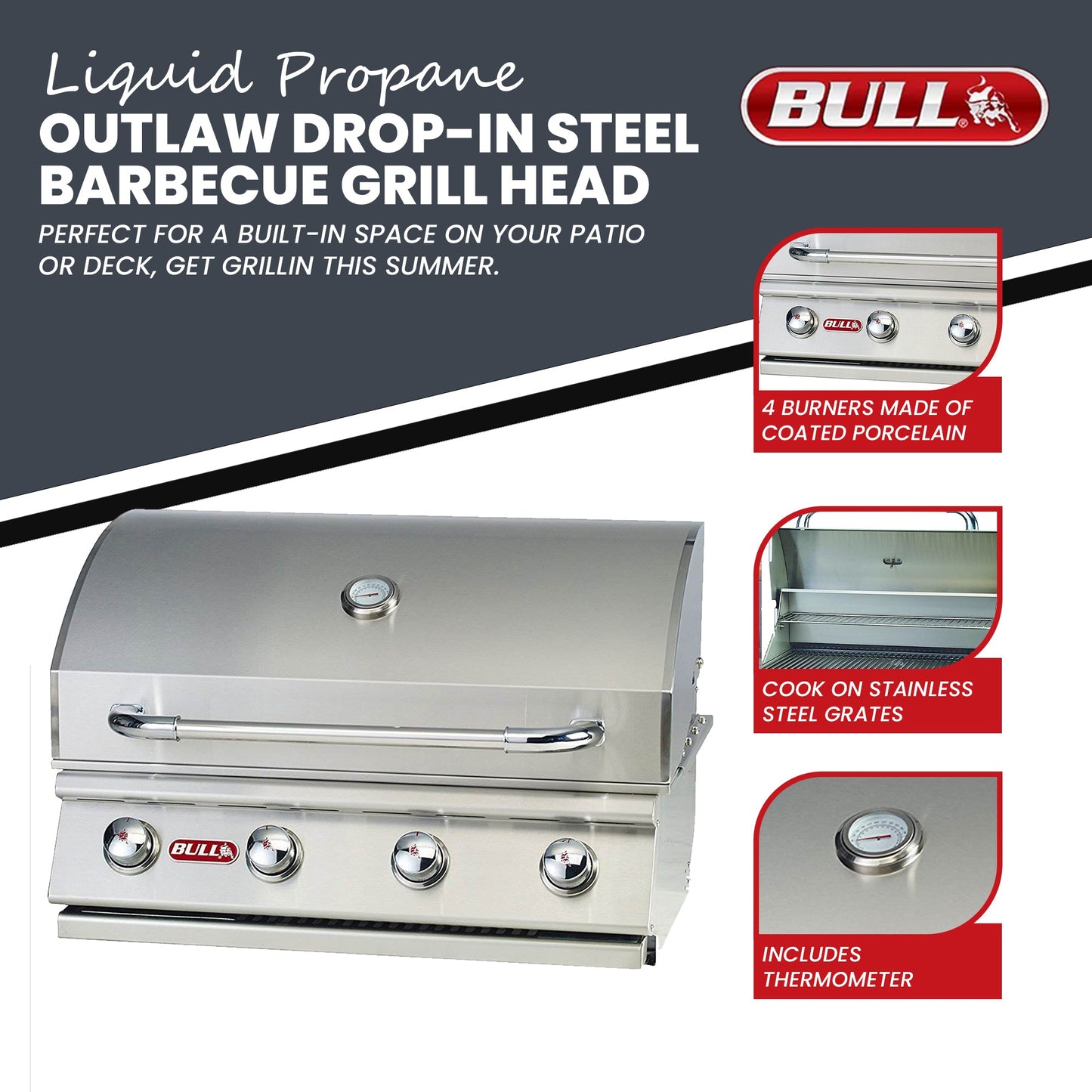 Bull Outdoor Products Liquid Propane Outlaw Drop-In Steel Barbecue Grill Head
