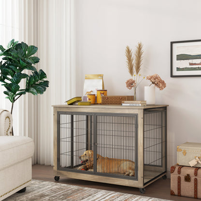 Furniture Style Dog Crate Side Table on Wheels with Double Doors and Lift Top. Grey, 43.7" W x 30" D x 31.1" H.