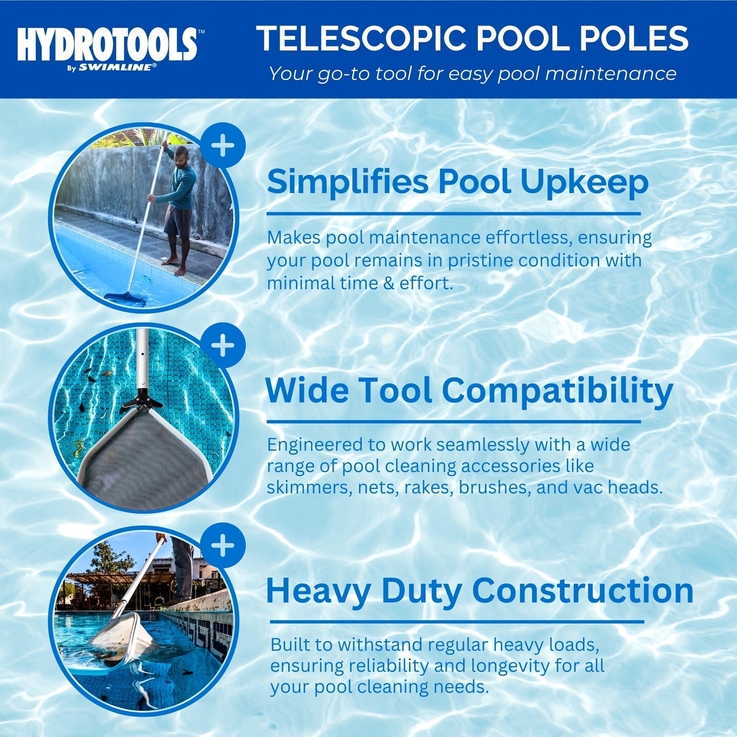 Swimline Hydrotools 3 Piece Telescopic Pole with Locking Cams for Pool Cleaning