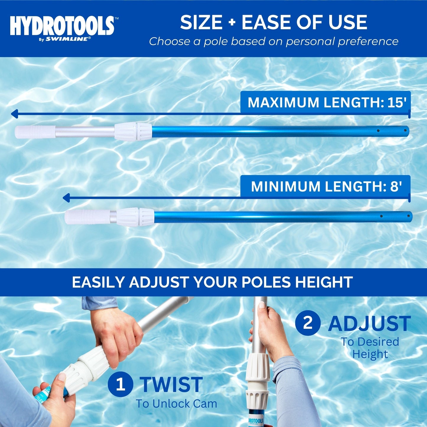 Swimline Hydrotools 2 Piece Telescopic Pole with Locking Cams for Pool Cleaning