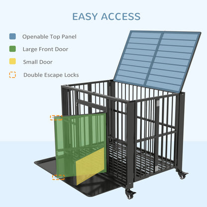 43" Heavy Duty Dog Crate, Strong Steel Foldable Large Dog Crate with 4 Lockable Wheels, Double Doors, Openable Top and Removable Trays for Medium and Large Dogs, Black