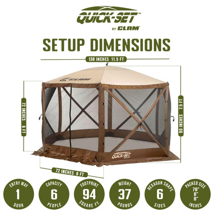 CLAM Quick-Set Escape 11.5 x 11.5 Ft Portable Outdoor Camping Shelter, Brown