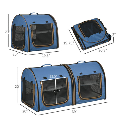 39" Portable Soft-Sided Pet Cat Carrier with Divider, Two Compartments, Soft Cushions, & Storage Bag, Blue