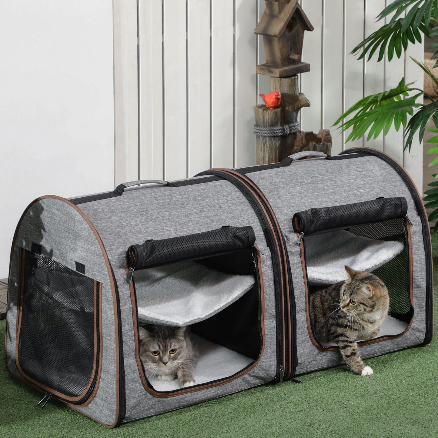 39" Portable Soft-Sided Pet Cat Carrier with Divider, Two Compartments, Soft Cushions, & Storage Bag, Grey