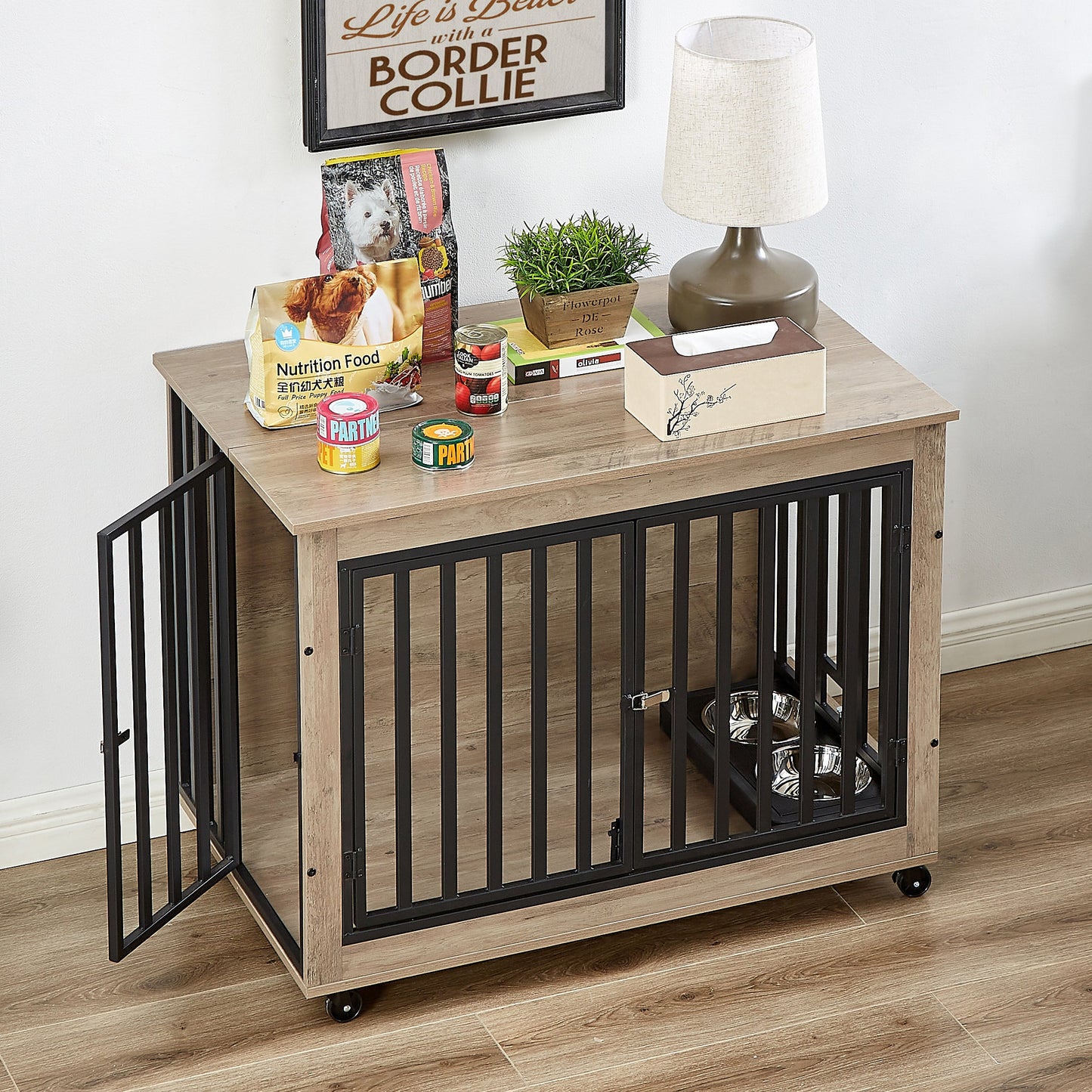 Furniture Style Dog Crate Side Table With Feeding Bowl, Wheels, Three Doors, Flip-Up Top Opening. Indoor, Grey, 38.58"W x 25.2"D x 27.17"H