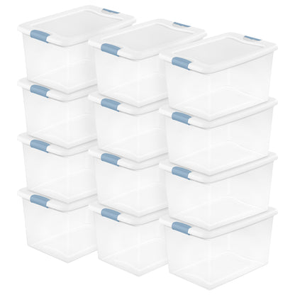 Sterilite 64 Qt Clear Plastic Stackable Storage Bin w/ White Latch Lid, 12 Pack