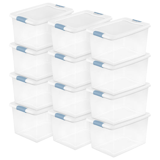 Sterilite 64 Qt Clear Plastic Stackable Storage Bin w/ White Latch Lid, 12 Pack