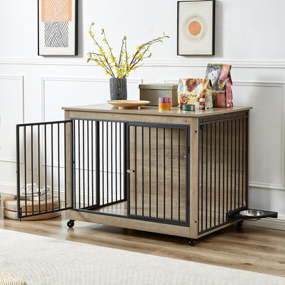 Furniture Style Dog Crate Side Table With Rotatable Feeding Bowl, Wheels, Three Doors, Flip-Up Top Opening. Indoor, Grey, 43.7"W x 30"D x 33.7"H