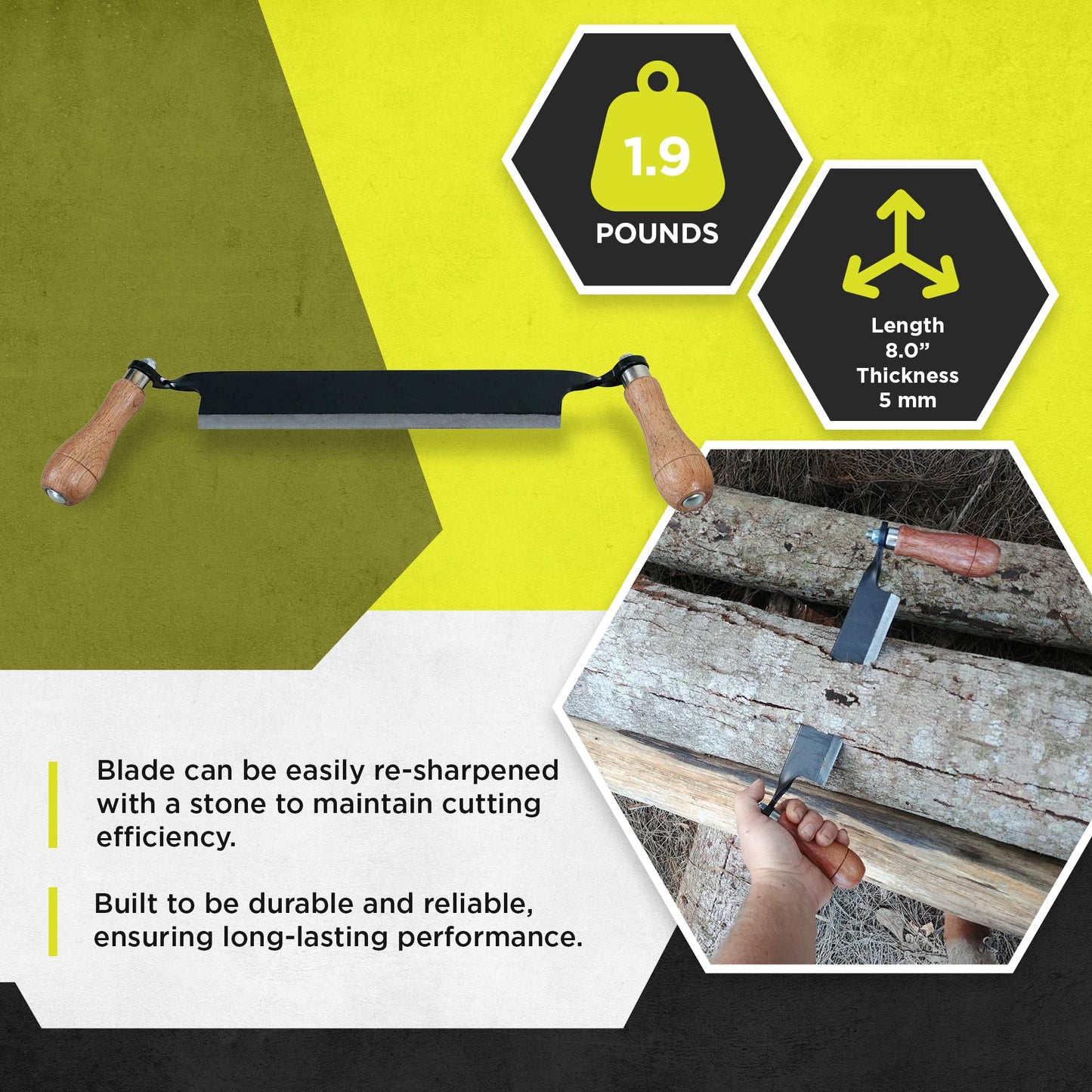 Timber Tuff 8" Straight Wood Blade Draw Shave Knife Woodworking Tool, TMB-08DS