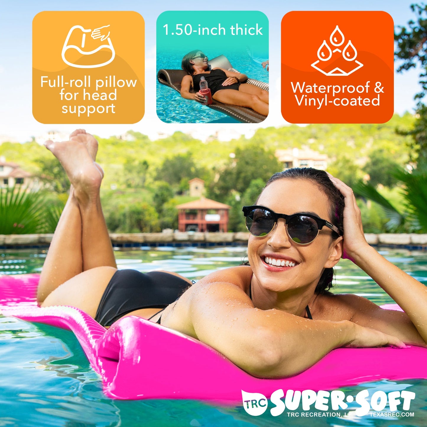 TRC Recreation Serenity 1.5" Thick Vinyl Swimming Pool Float Mat, Flamingo Pink