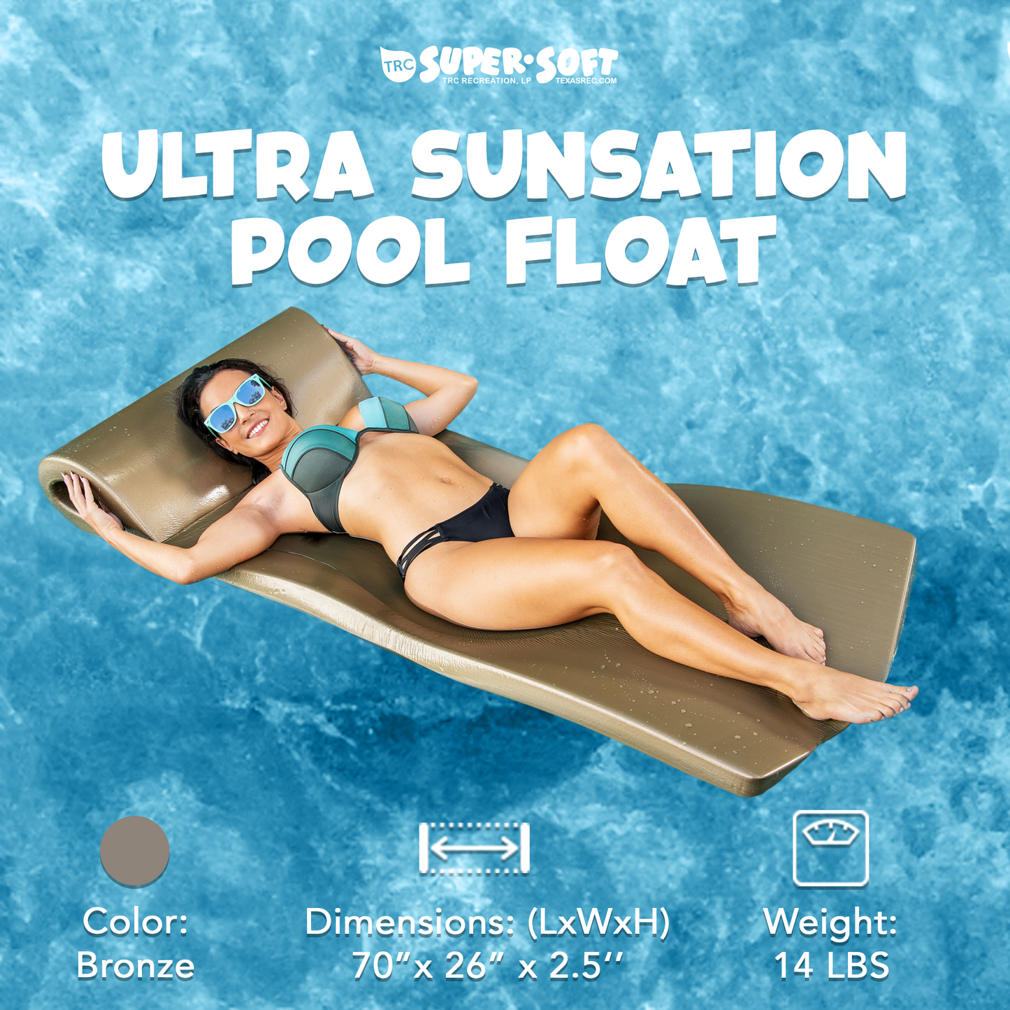 TRC Recreation Ultra Sunsation 2.5" Thick Foam Pool Float Lounge Mat, Bronze