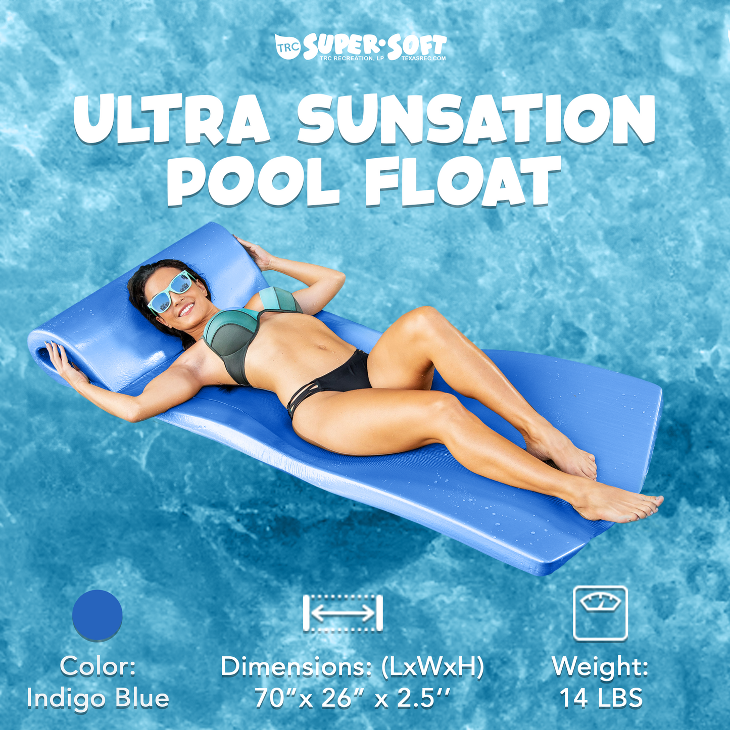 TRC Recreation Ultra Sunsation 2.5 Inch Thick Foam Pool Float Mat, Indigo Blue