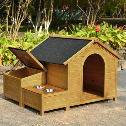 51.18" L x 43.7" W x 37" H Large Size Wooden Dog House, Dog Crate For large dog breeds, Cabin Style Raised Dog Shelter with Asphalt Roof, Solid Wood, Weatherproof, Nature