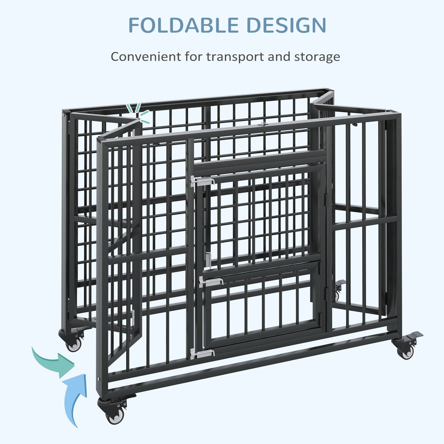 43" Heavy Duty Dog Crate, Strong Steel Foldable Large Dog Crate with 4 Lockable Wheels, Double Doors, Openable Top and Removable Trays for Medium and Large Dogs, Black