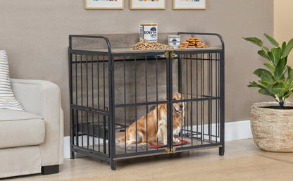 39" Indoor Metal Dog Crate with Double Doors, Wooden Side End Table Crate, Dog Crate Furniture with Adjustable Feeder Stand, for Medium Dog, Gray