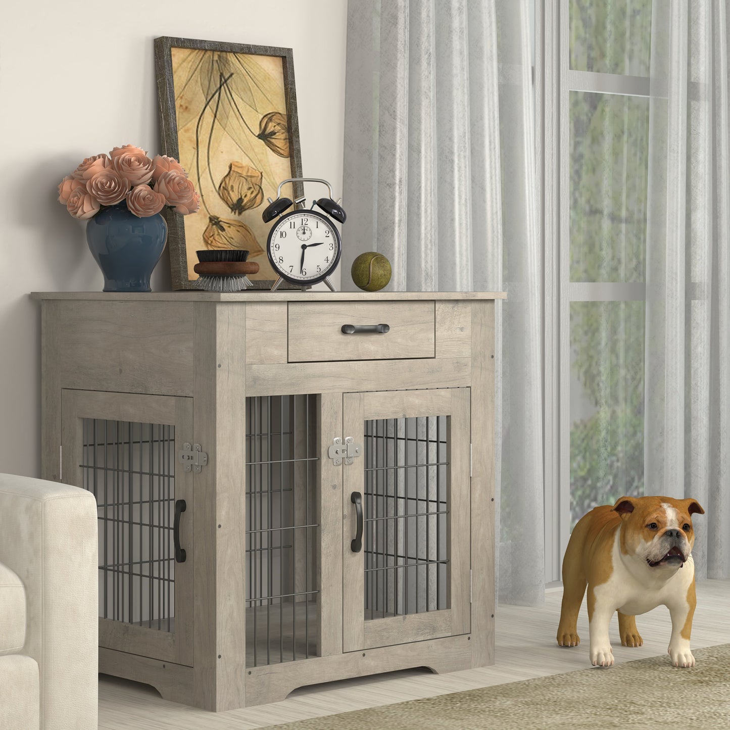 Furniture Style Dog Crate End Table with Drawer, Pet Kennels with Double Doors, Dog House Indoor Use, Grey, 29.9" W x 24.8" D x 30.71" H.