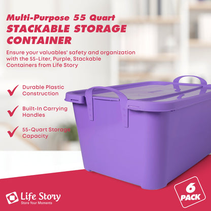 Life Story 55 Quart Stackable Storage Bin, Light Duty Container, Purple, 6 Pack