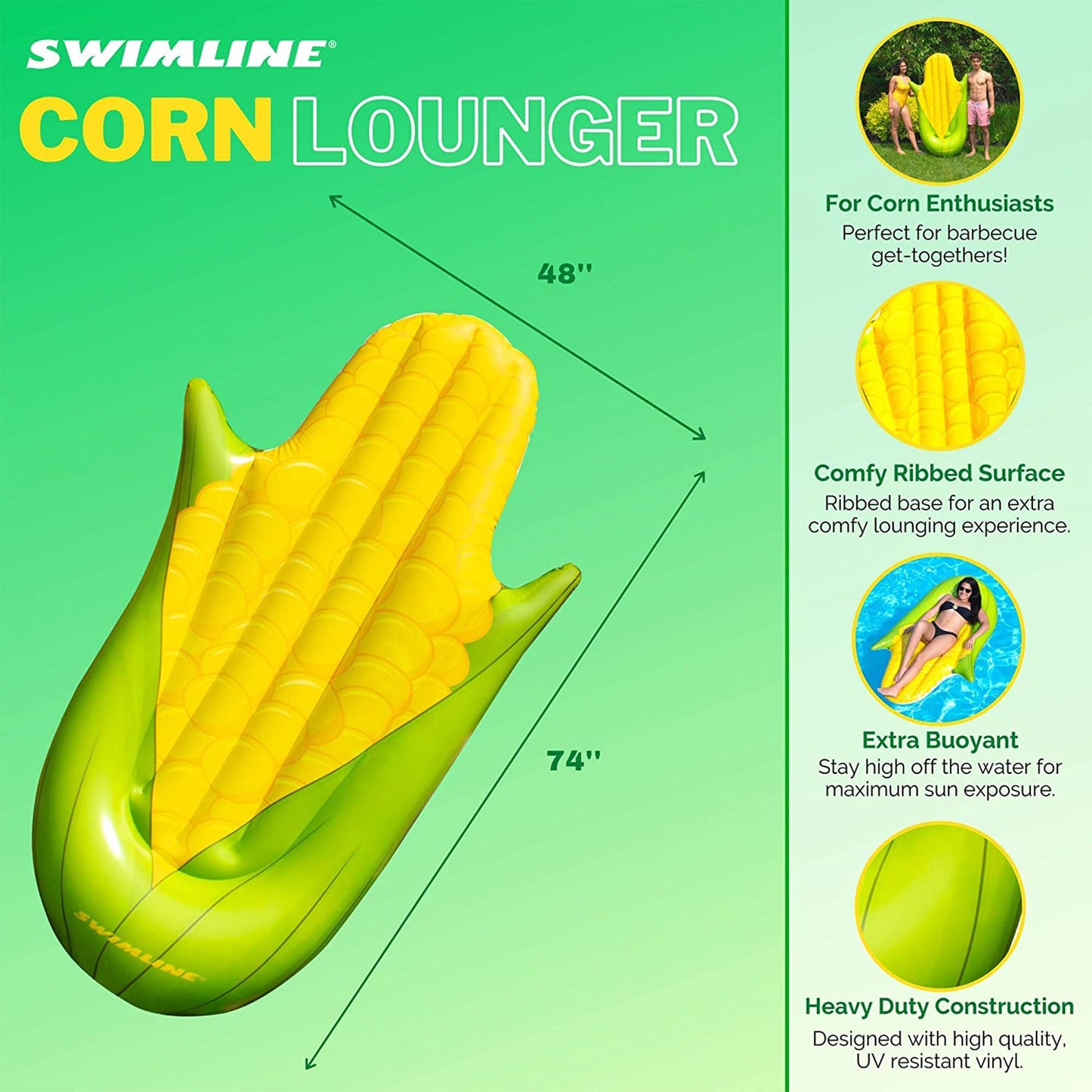 Swimline 90680M Giant 74" Inflatable Corn on the Cob Swimming Pool Float Lounger