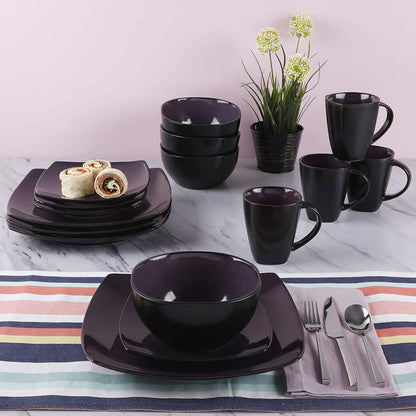Gibson Elite Soho Lounge 16 Piece Plates, Bowls, & Mugs Dinnerware Set, Purple