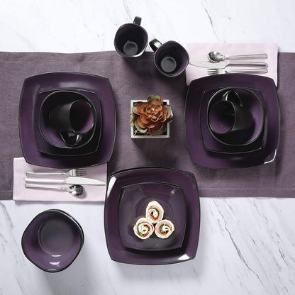 Gibson Elite Soho Lounge 16 Piece Plates, Bowls, & Mugs Dinnerware Set, Purple